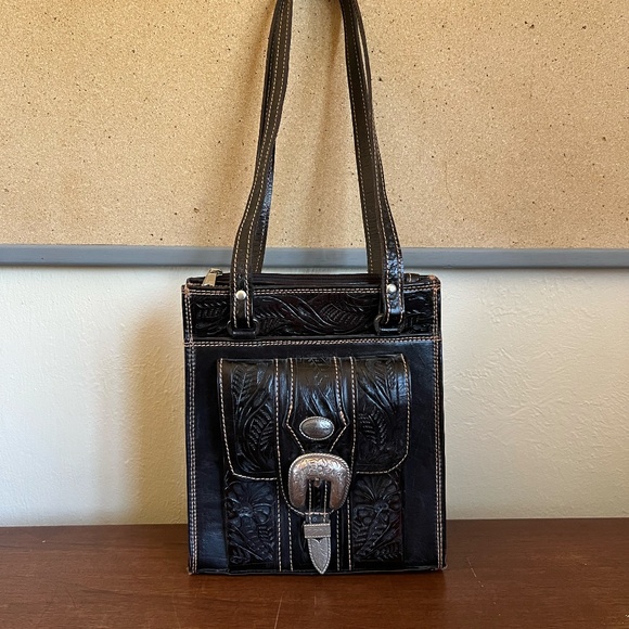 American West Hand Tooled Leather Purse Handbag - Picture 4 of 11